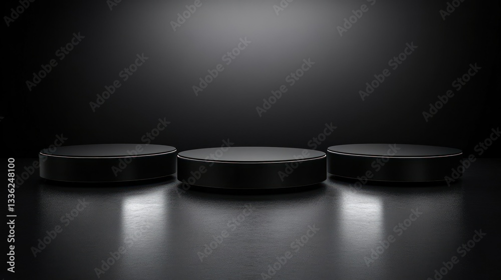 Poster three black circular platforms are arranged on a reflective surface