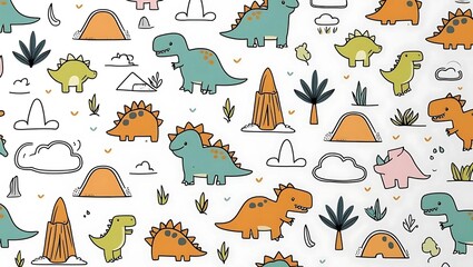 Cute cartoon dinosaurs, doodle-style Scandinavian-inspired pattern featuring scattered objects, lava and volcano motifs, white background, soft pastel colors.