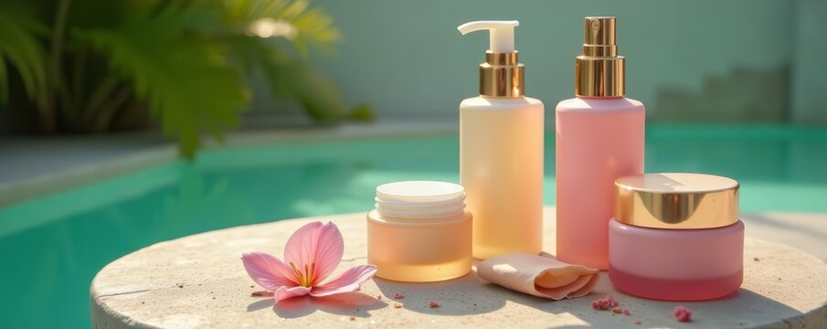 High angle view of luxurious skincare items at stone table, cosmetics, relaxation