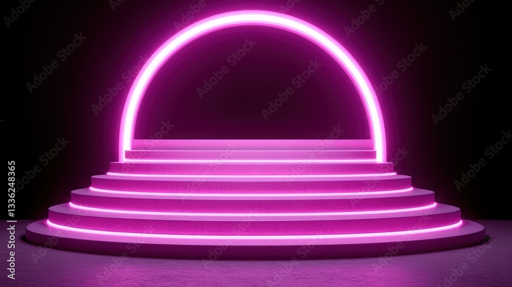 Poster a glowing pink illuminated stage structure on steps against dark background
