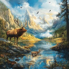 deer drinking from clear forest river image