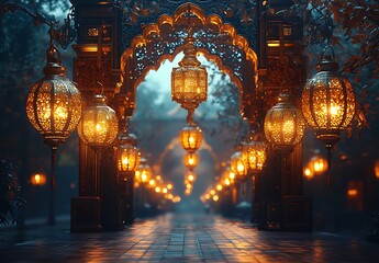 Fototapeta premium Tranquil Pathway Illuminated by Ornate Lanterns