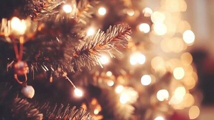 Festive decorated Christmas tree illuminated with bright glowing lights everywhere