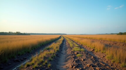 Naklejka premium A lonely peat bog under the blazing midday summer sun. The clear sky stretches infinitely, casting sharp shadows on the still, dark waters that reflect the vast emptiness around.