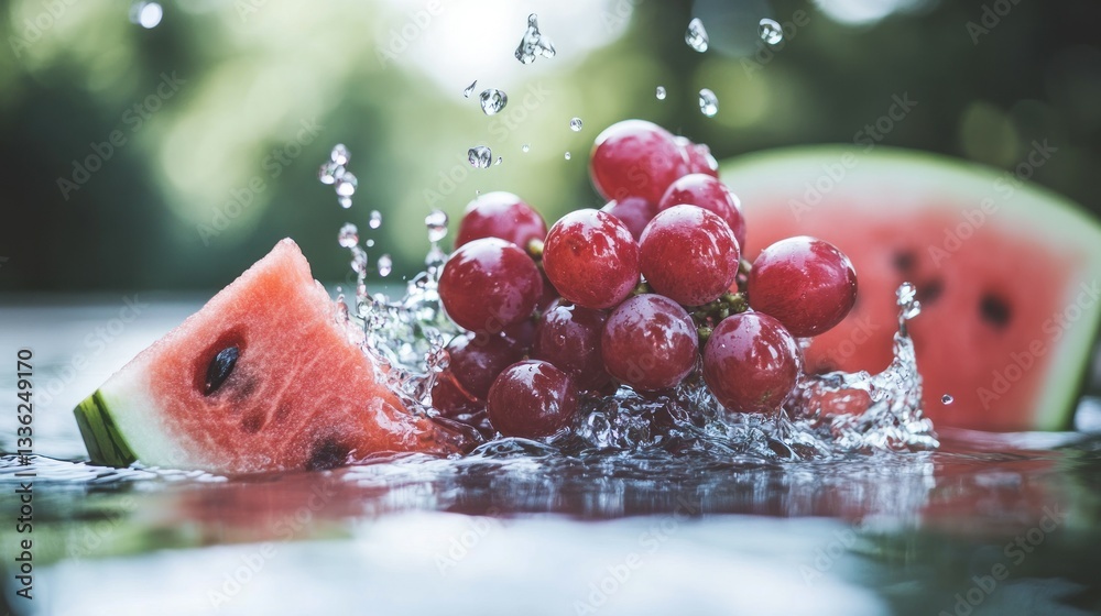Aufkleber grapes and watermelon in water creating a refreshing splash
