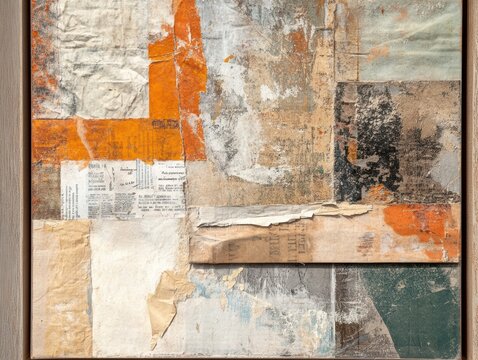 Creative recycled newspaper collage forming a unique framed wall art piece, textured surface, neutral color palette, contemporary home decor, Upcycling, Selective Focus