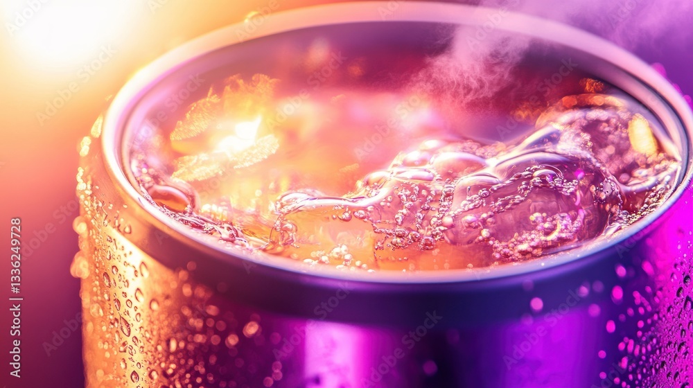 Poster close up view of a bubbly drink inside a can