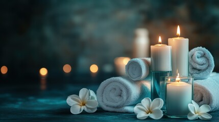 Luxury spa retreat tour package display with brochures, aromatherapy candles, and soft lighting.