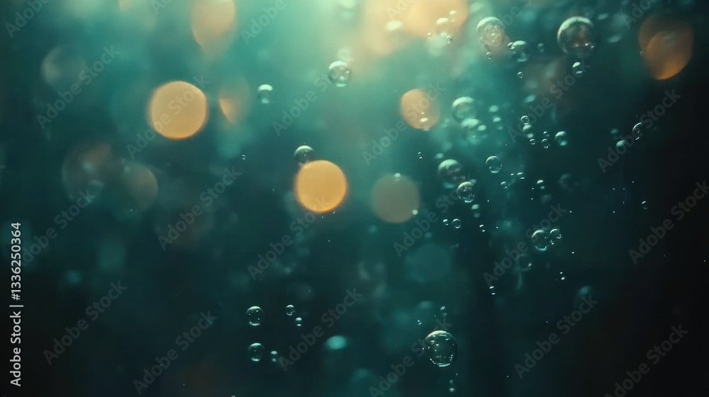 Poster Floating bubbles with soft bokeh create an underwater ethereal scene
