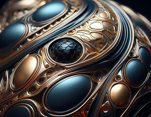 A surreal carapace covered in flowing, liquid-like metallic textures.