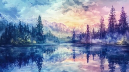 Fototapeta premium Serene lake surrounded by majestic mountains and lush forests at sunrise, reflecting vibrant colors in the water