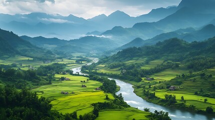 serene mountain valley landscape lush greenery river image
