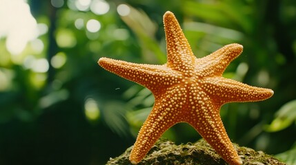 A close up photograph showcasing a vibrant orange starfish on display