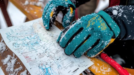 Ski resort tour guides winter gloves, trail map, and safety guidelines booklet. © Sawat