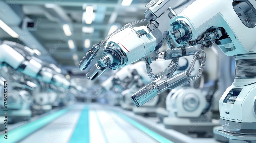 Poster Automated robotic arms operating on a manufacturing assembly line