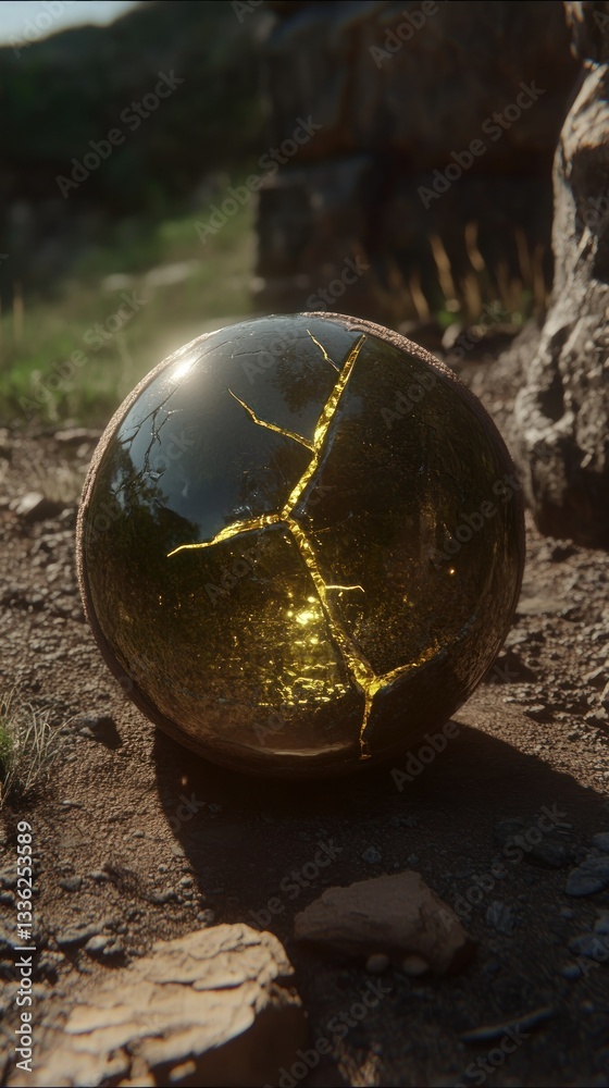 Aufkleber cracked spherical object displaying golden light on an outdoor setting