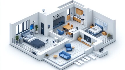 Isometric view of a smart home interior.
