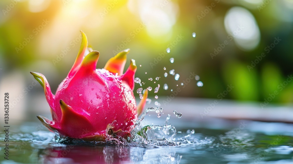 Poster a vibrant dragon fruit creating water splashes in a shallow pool