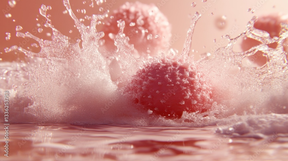 Poster pink spheres impacting and causing a dynamic splash of clear water