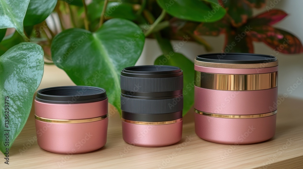 Aufkleber Three cylindrical objects in a row are on a wooden surface