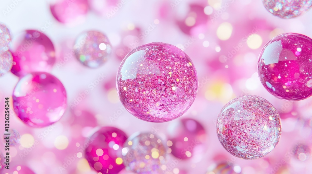 Poster several pink and glittery spheres float against a soft background