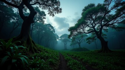 Fototapeta premium Twilight in a subtropical laurel forest, twisted branches silhouetted against a windy autumn sky. The dense mist and eerie lighting create a haunting
