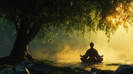 A samurai meditating beneath a sacred bamboo tree, finding balance between strength and serenity