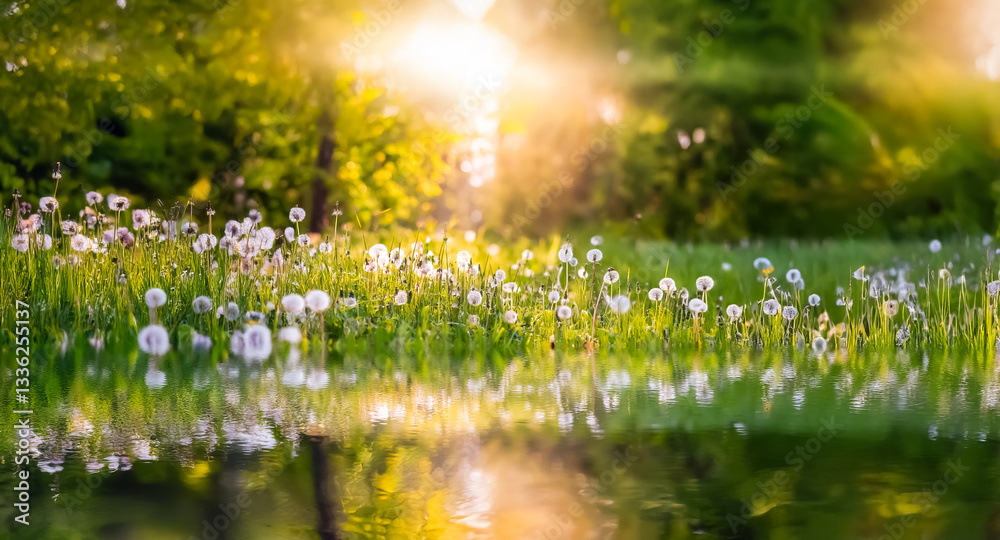 Poster sunlight illuminates dandelions in a grassy field next to water, with trees in the background. a bri