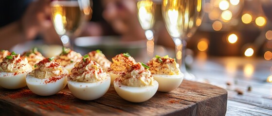 Rustic wooden serving board with crosspatterned deviled eggs at easter