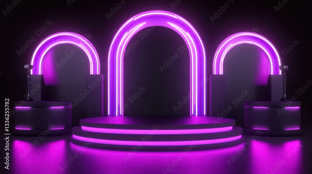 Poster A Futuristic Stage With Neon Lights Displaying Empty Space