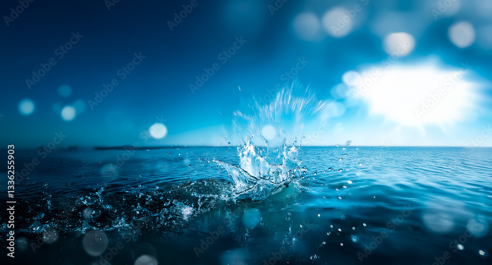 Poster water splashes dynamically in a blue expanse under a bright sun. bokeh lights add a dreamy effect to