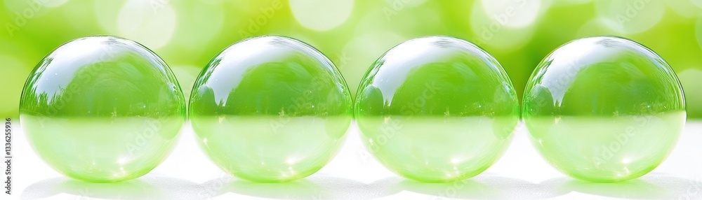Poster four spherical transparent objects with bright green colors present