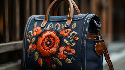 Denim bag with 3d intricate floral embroidery in shades of orange, blue, and pink, accented with leather straps and buckles. Ideal for fashion blogs, craft websites, and articles on bohemian style and