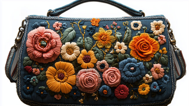 Denim bag with 3d intricate floral embroidery in shades of orange, blue, and pink, accented with leather straps and buckles. Ideal for fashion blogs, craft websites, and articles on bohemian style and