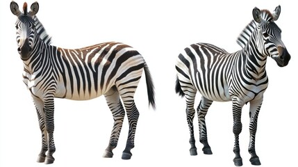 Fototapeta premium Two African plains zebras are standing and presented against white background