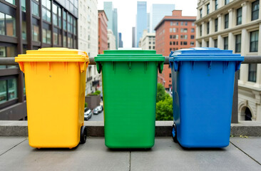Colorful trash containers on a rooftop overlooking the city.