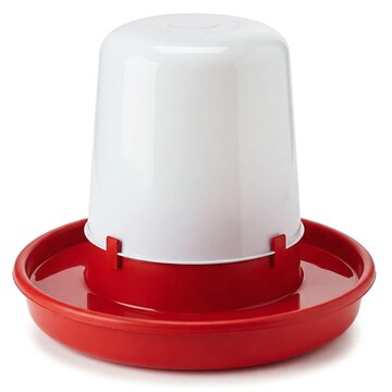 red and white plastic chicken waterer for poultry and farm animals isolated on white background