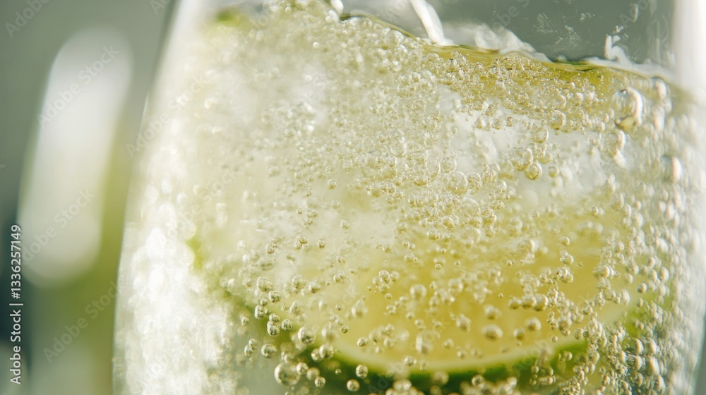 Poster refreshing bubbly drink with lime slices in transparent glass