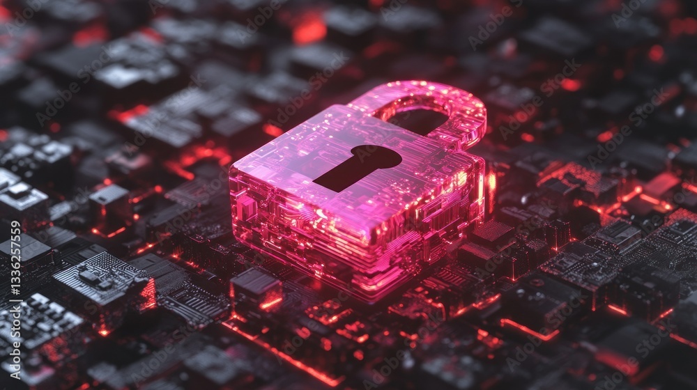 Poster a glowing pink padlock securing a circuit board visibly displays security