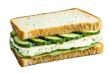 English tea sandwich with thinly sliced cucumbers, butter, and cream cheese on crustless white bread, isolated on a white background