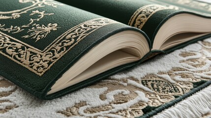 Fototapeta premium An open decorated book rests on a patterned decorative rug