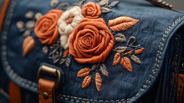 Denim bag with 3d intricate floral embroidery in shades of orange, blue, and pink, accented with leather straps and buckles. Ideal for fashion blogs, craft websites, and articles on bohemian style and