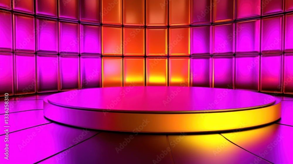 Poster a modern stage with colorful illuminated tiled walls and platform