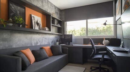 Modern home office, grey sofa, desk, window view, orange accents, workspace design