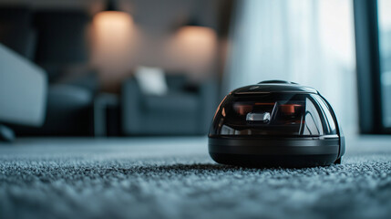 A detailed shot of a high-performance vacuum cleaner moving across a grey carpet, creating a visible contrast between cleaned and uncleaned sections.