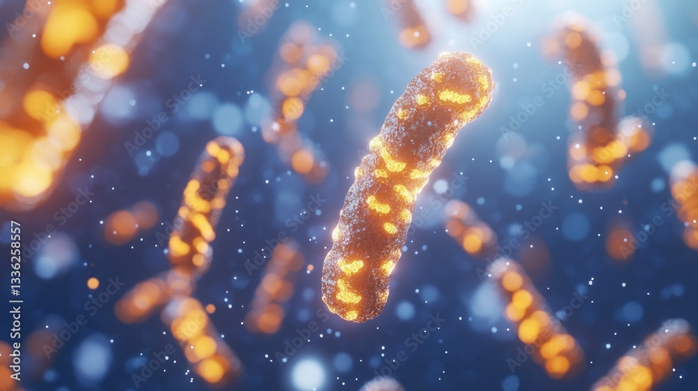Poster Illuminated bacteria floating in a dark background with bokeh effects
