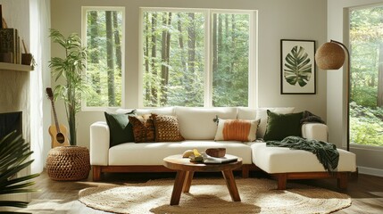 A Cozy Living Room Decorated With Natural Elements And Furniture