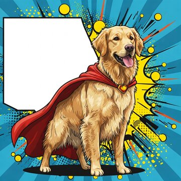 superhero golden retriever dog with red cape comic book style illustration