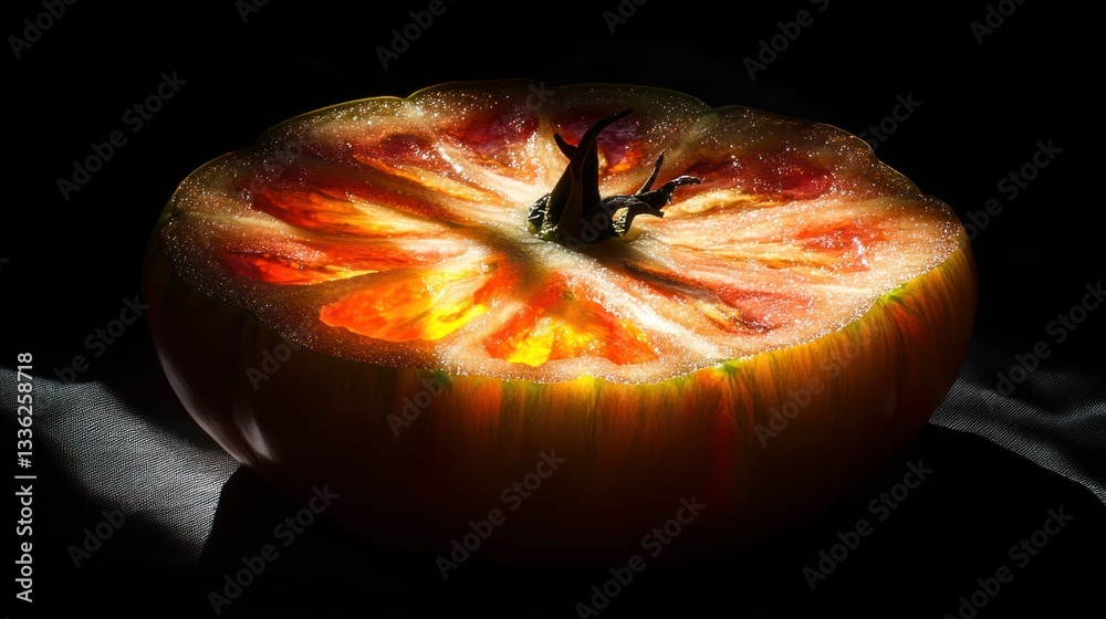 Poster a sliced tomato illuminated by a vibrant and bright light source