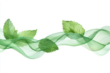 Flying mint leaves forming an abstract wave-like motion, vibrant green, clean white background